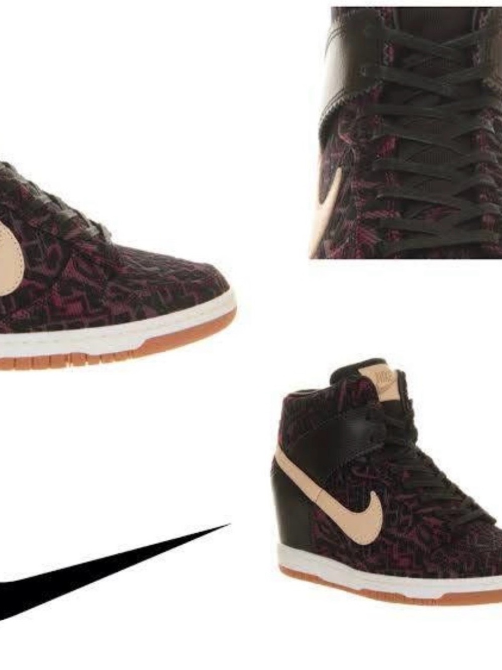 Nike Women’s Black and Pink Patterned Wedge Sneakers with Beige Swoosh
